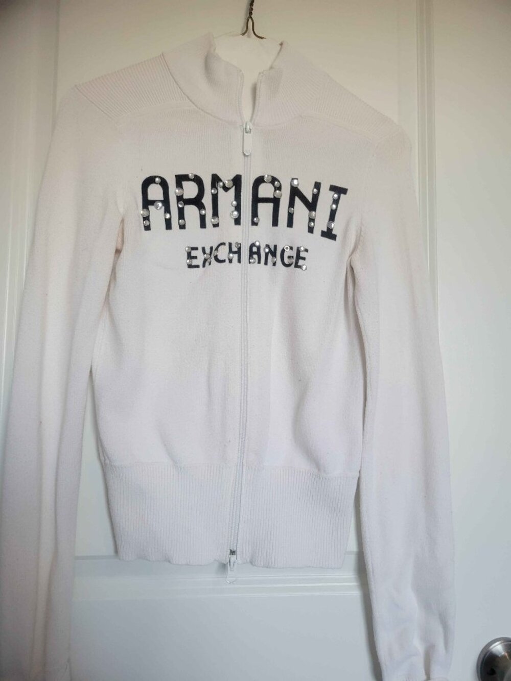 ARMANI EXCHANGE white zip up crew neck belted cuffs gemstones, womens